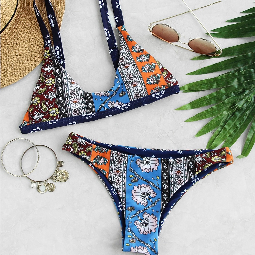 Mixed Print Triangle Bikini Set